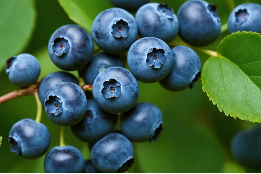 木の枝に、たわわに実っている色づいたブルーベリー