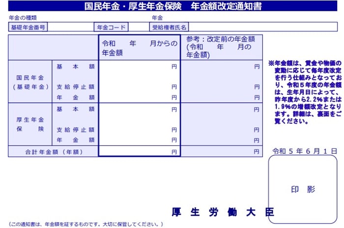 出所：日本年金機構「年金額改定通知書と年金振込通知書（一体となったもの）」