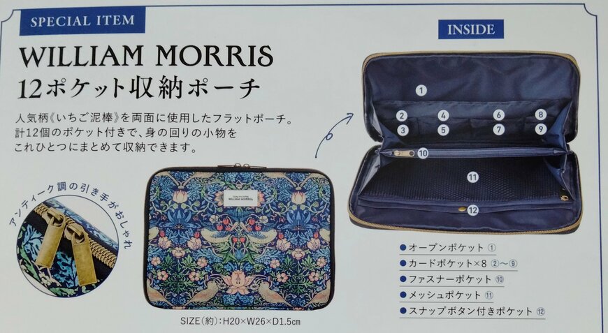 筆者撮影（宝島社、WILLIAM MORRIS 整理上手になれる12ポケット収納ポーチBOOK）