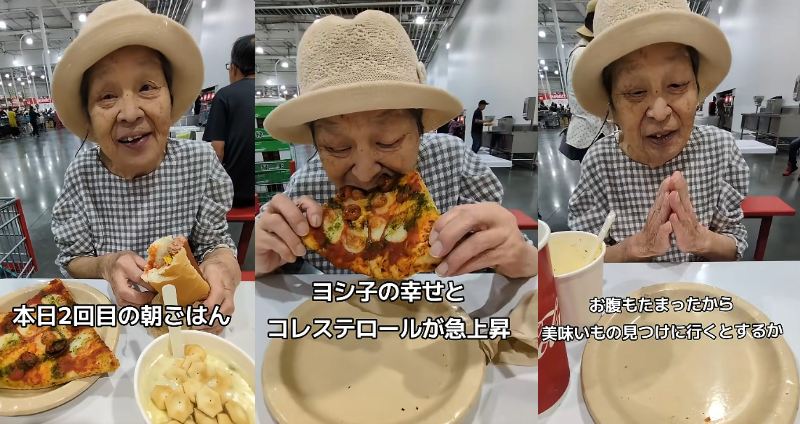 コストコのフードコートで朝ごはんを楽しむ様子