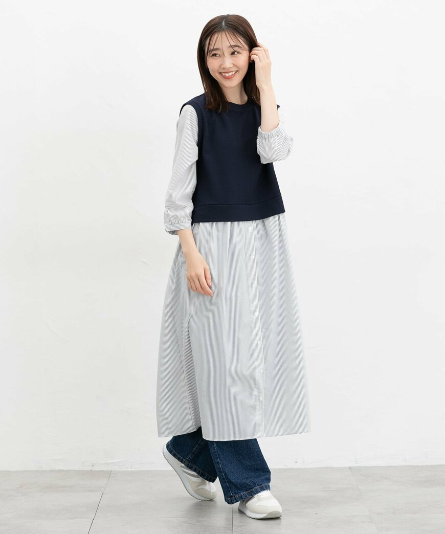 ハニーズ公式　８分袖レイヤード風ワンピ