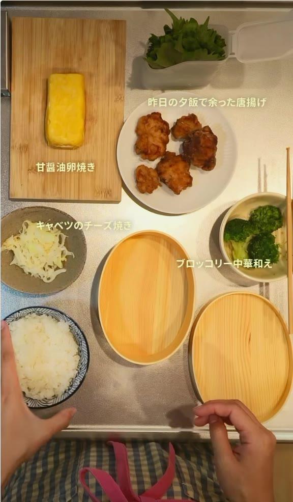 【夫に作るお弁当】昨日の唐揚げが主役、彩り豊かな曲げわっぱ弁当が美味しそう
