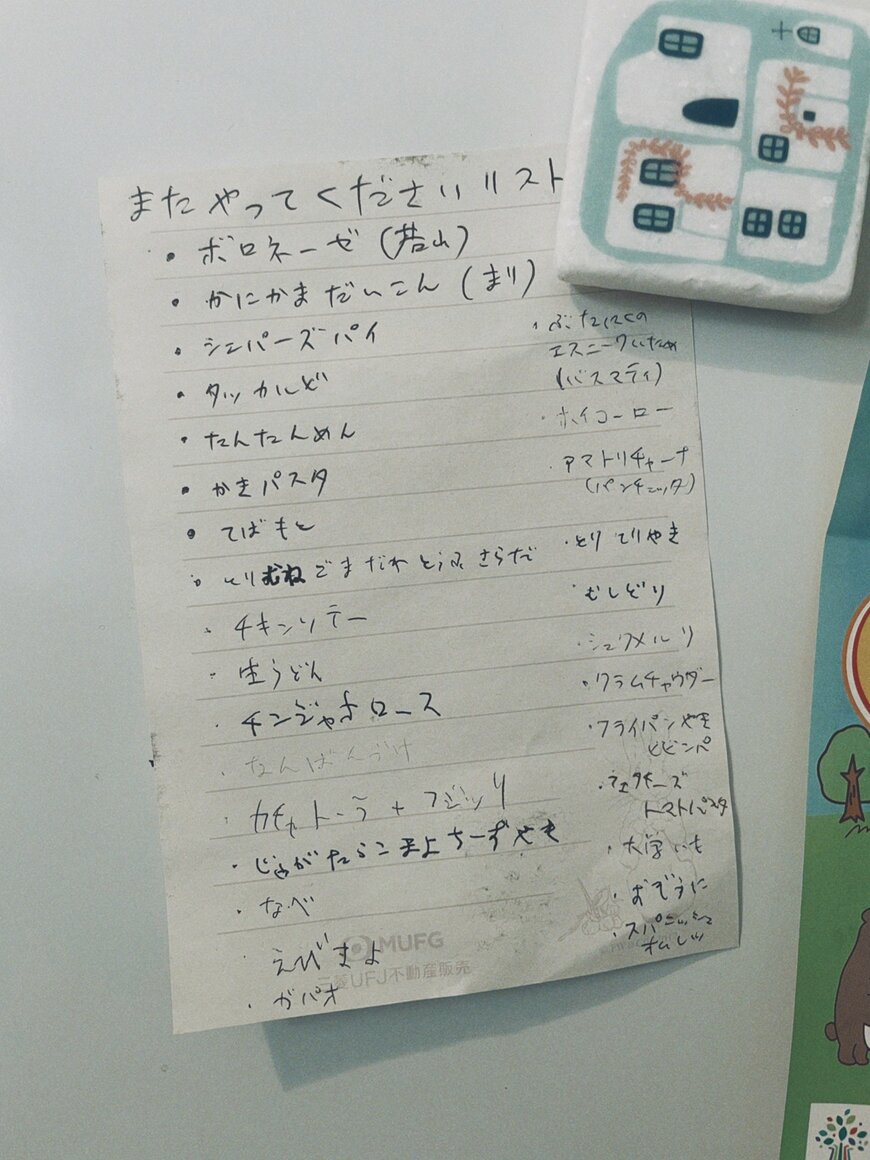 紙いっぱいに書かれた献立リスト