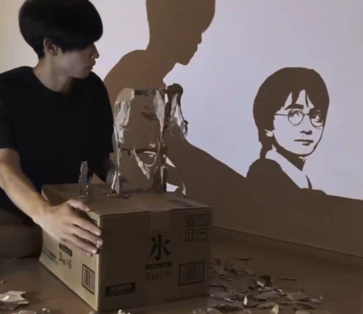 ダンボール影アートを披露する様子