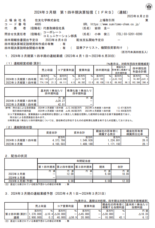 出所：住友化学「2024年3月期第1四半期決算短信」