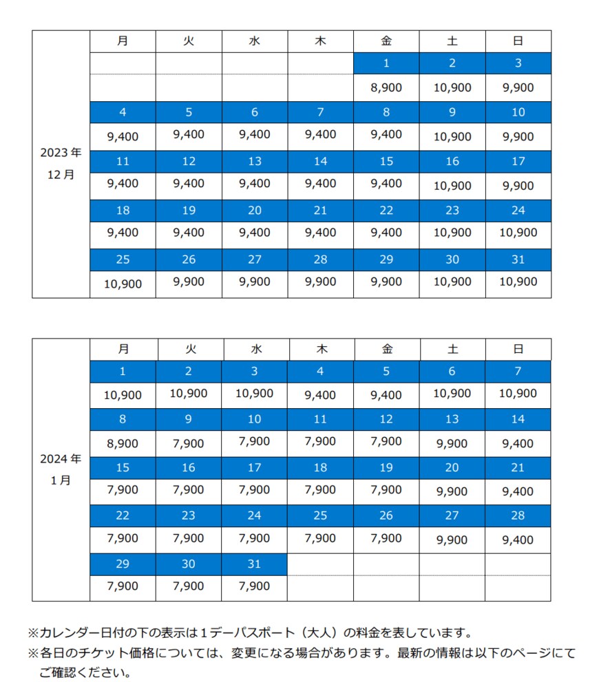 出所：東京ディズニーリゾート「10月1日入園分以降のパークチケット変動価格帯について 」