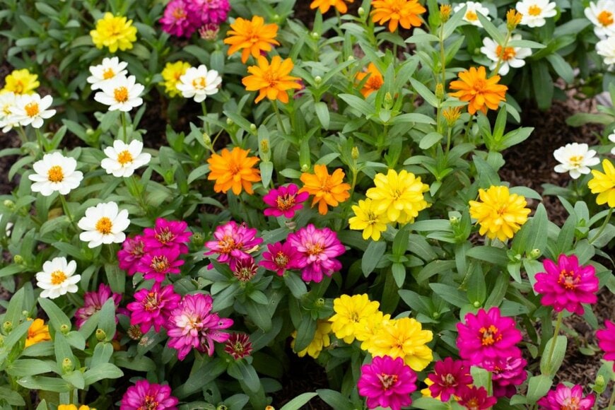 ジニアの花。色は黄色、白、ピンク