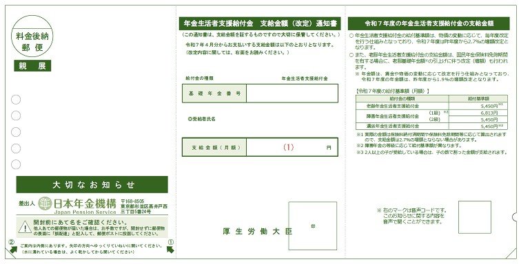 出所：日本年金機構「年金生活者支援給付金 支給金額（改定）通知書」