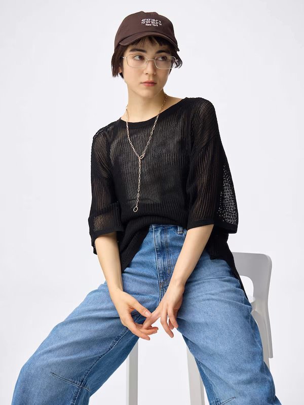 出所：GU公式　メッシュニットオーバーサイズプルオーバー(5分袖)Q