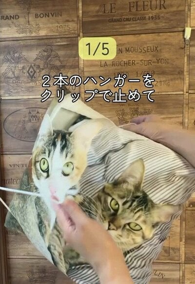 ハンガーを引っ張ってクッションを挟む様子