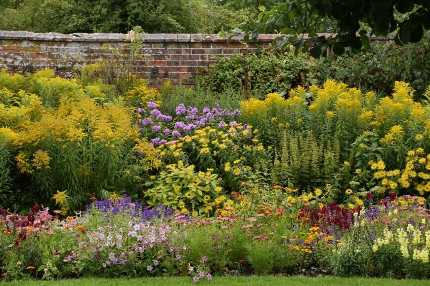 色とりどりの花が咲いている大きな花壇