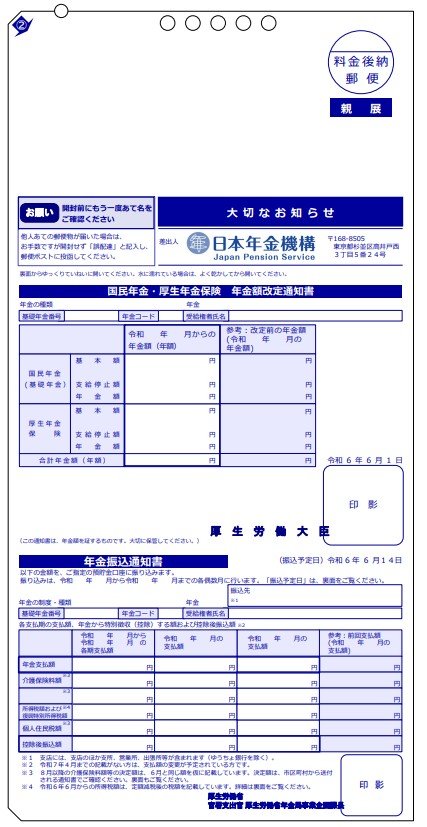 「年金額改定通知書」と「年金振込通知書」（年金受給者用：はがきサイズ）