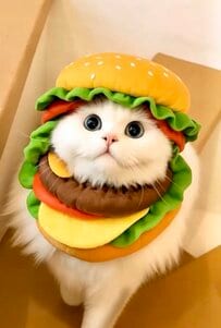 ハンバーガーの帽子をかぶった猫ちゃんが可愛すぎると話題！「おいしそう」の声続々