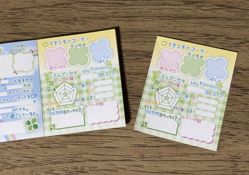 セリア、豆本キーホルダー プロフィール帳 クリスタルクローバー柄、筆者撮影写真