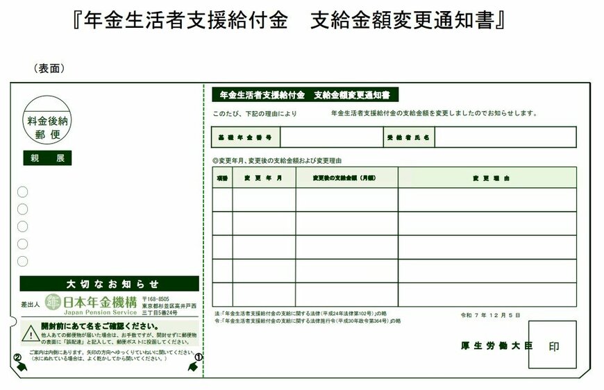 年金生活者支援給付金 支給金額変更通知書
