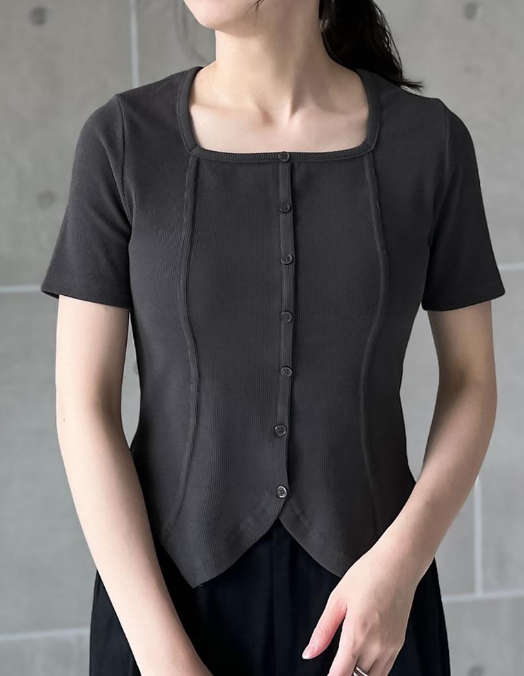 リブカットソースクエアネックボタン付きトップス[mb]