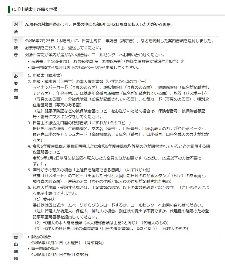 出所：杉並区「【申請期限が迫っています！】令和6年度新たな住民税非課税世帯等に対する物価高騰対策支援給付金（10万円）の支給（6年10月1日更新） 」