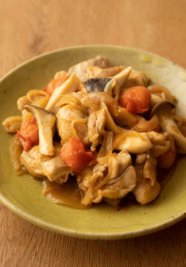 鶏肉と玉ねぎ、トマトのバーベキューソース炒め