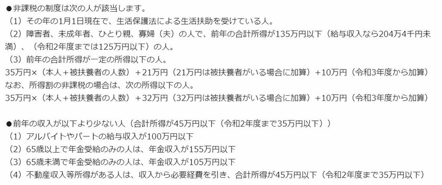 住民税非課税の年収目安(東京都港区)