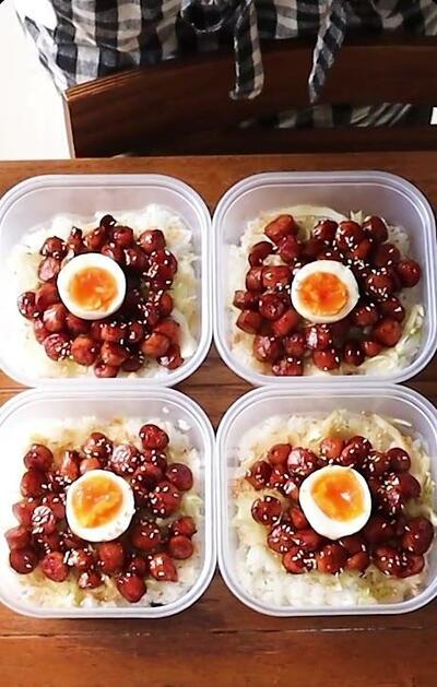 ご飯にキャベツ、ウインナー、ゆで卵を重ねたお弁当が4つ