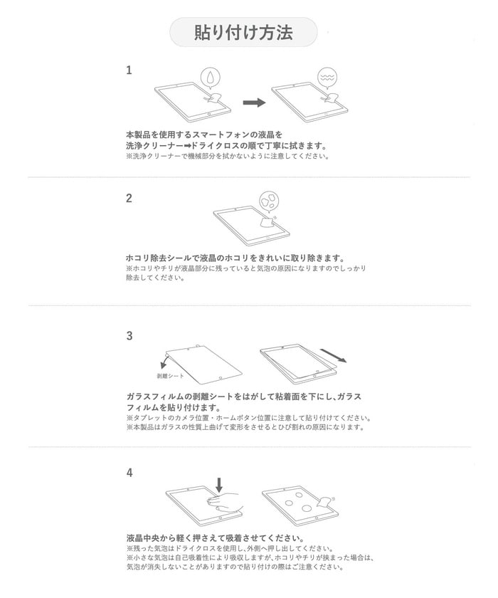 貼りつけに欠かせない洗浄クリーナーやホコリ除去シールも付属