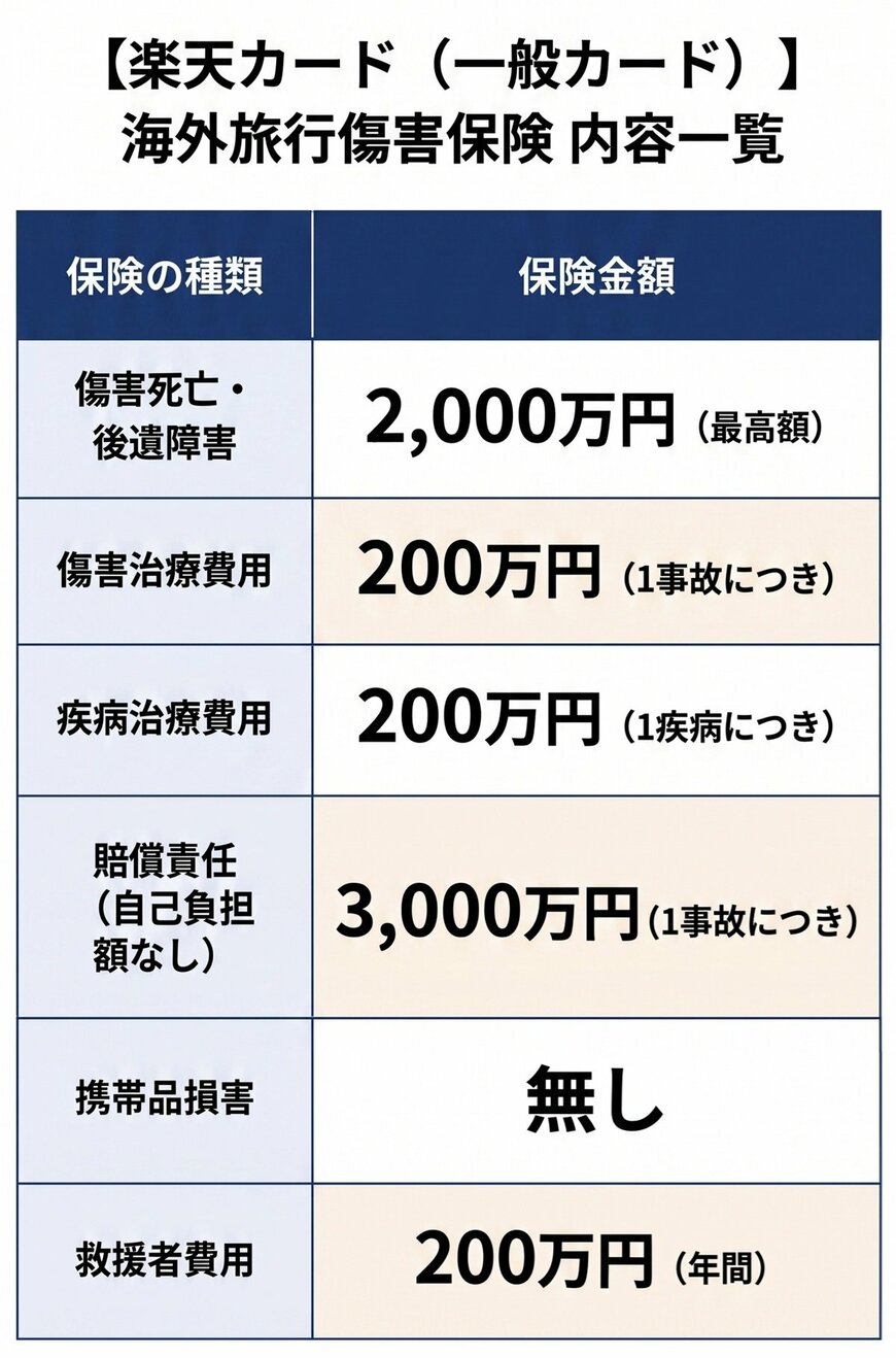 【楽天カード（一般カード）】海外旅行傷害保険内容一覧