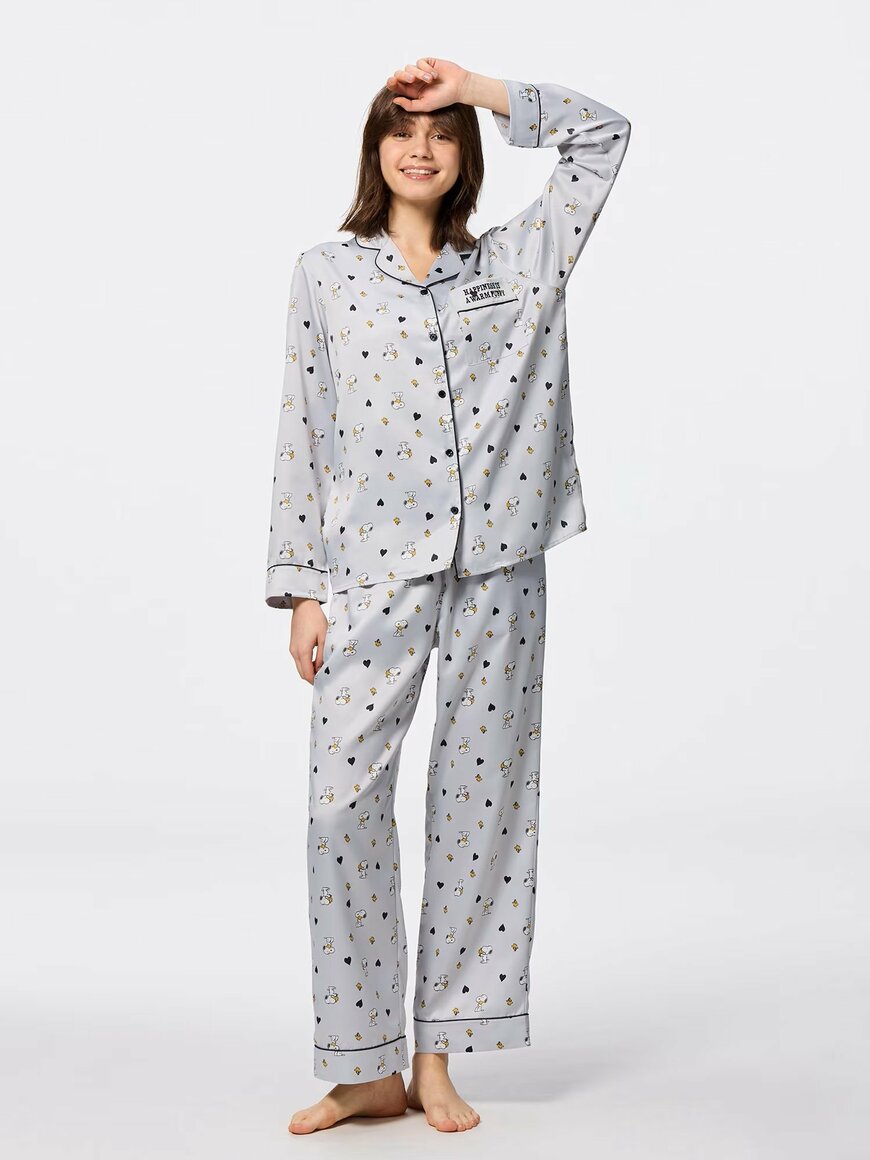 GU公式　サテンパジャマ（長袖&ロングパンツ）Peanuts／カラー：07 GRAYの画像