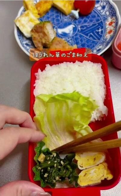 ほうれん草のごま和えを左手前に詰めていくところ