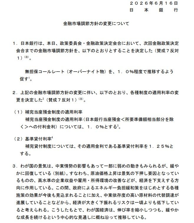 日本銀行が2026年6月16日に決定した金融市場調節方針の変更について、無担保コールレート（オーバーナイト物）の誘導目標を示した資料