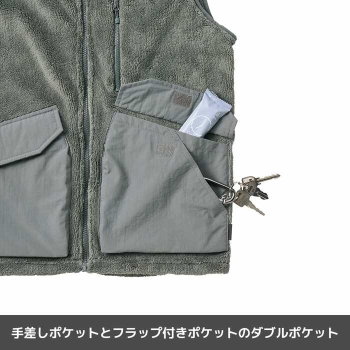 手差しとフラップ付き、さらにチャック付きの3種類のポケット