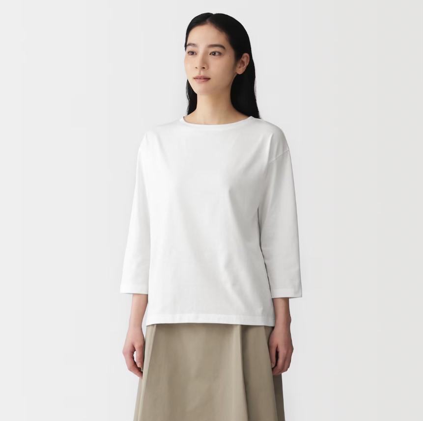 無印良品、婦人 天竺編みボートネック七分袖Tシャツの画像