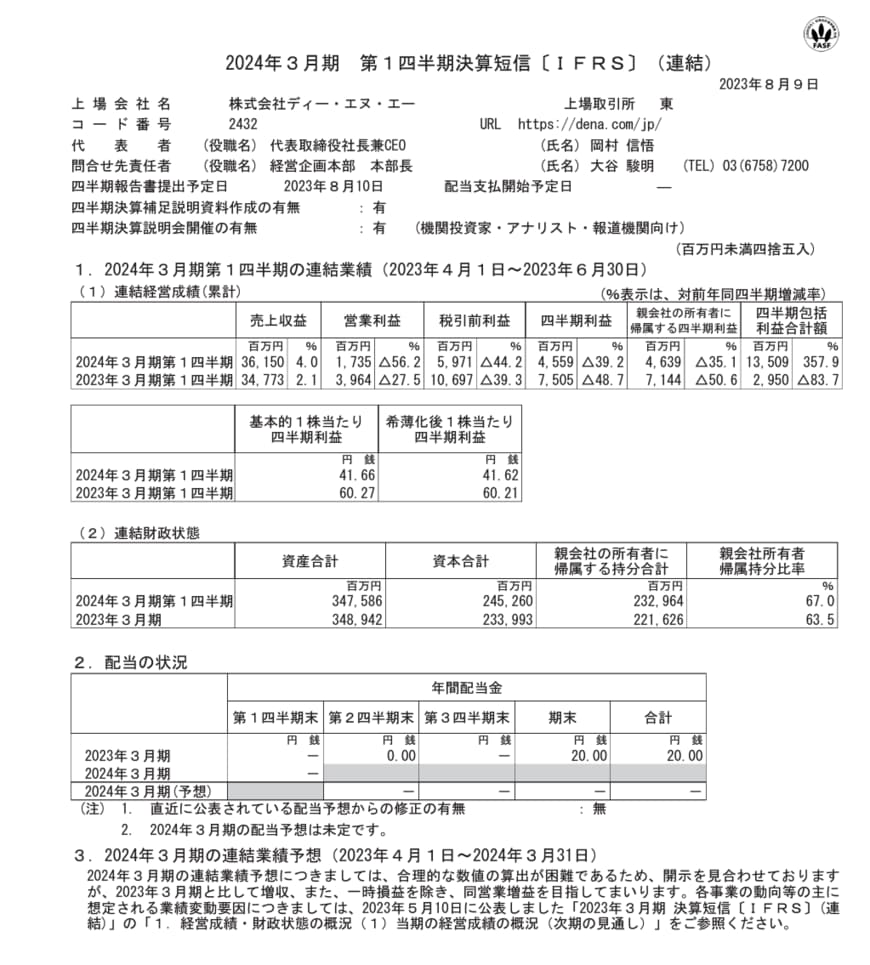 出所：株式会社ディー・エヌ・エー「2024年３月期 決算短信〔ＩＦＲＳ〕(連結)」
