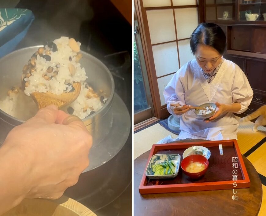 炊き上がったご飯と和食の食卓
