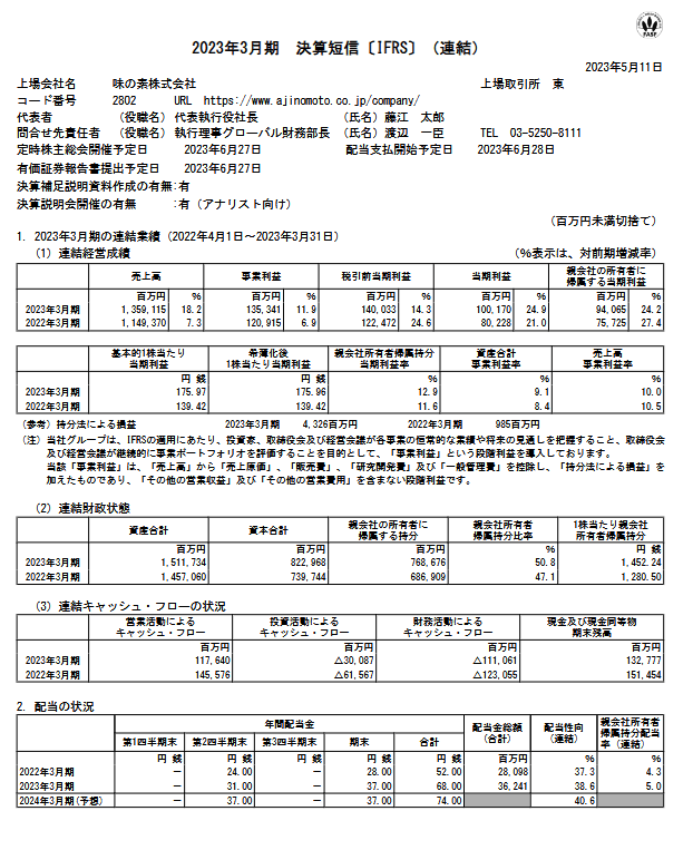 出所：味の素株式会社「2023年3月期 決算短信〔IFRS〕（連結）」