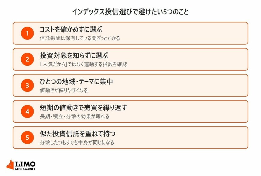 インデックス投信選びで避けたいのは、コストを確かめずに選ぶ、投資対象を知らずに選ぶ、ひとつの地域・テーマに集中する、短期の値動きで売買を繰り返す、似た投資信託を重ねて持つの5つ