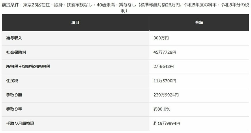 年収300万円の手取り試算の内訳