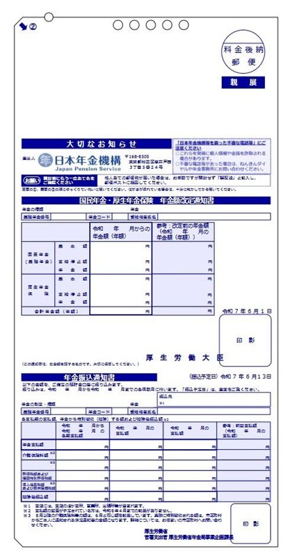 出所：日本年金機構「「年金額改定通知書」と「年金振込通知書」（年金受給者用：はがきサイズ）」