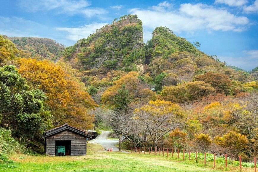 紅葉した佐渡島の金山