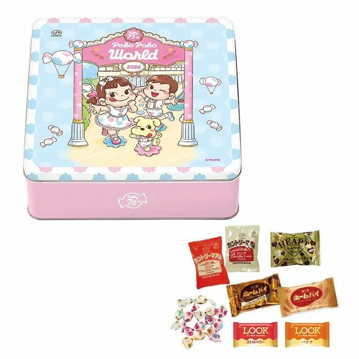 ミルキーをモチーフにしたデザインの缶にお菓子をたっぷりと詰め合わせたおたのしみ缶