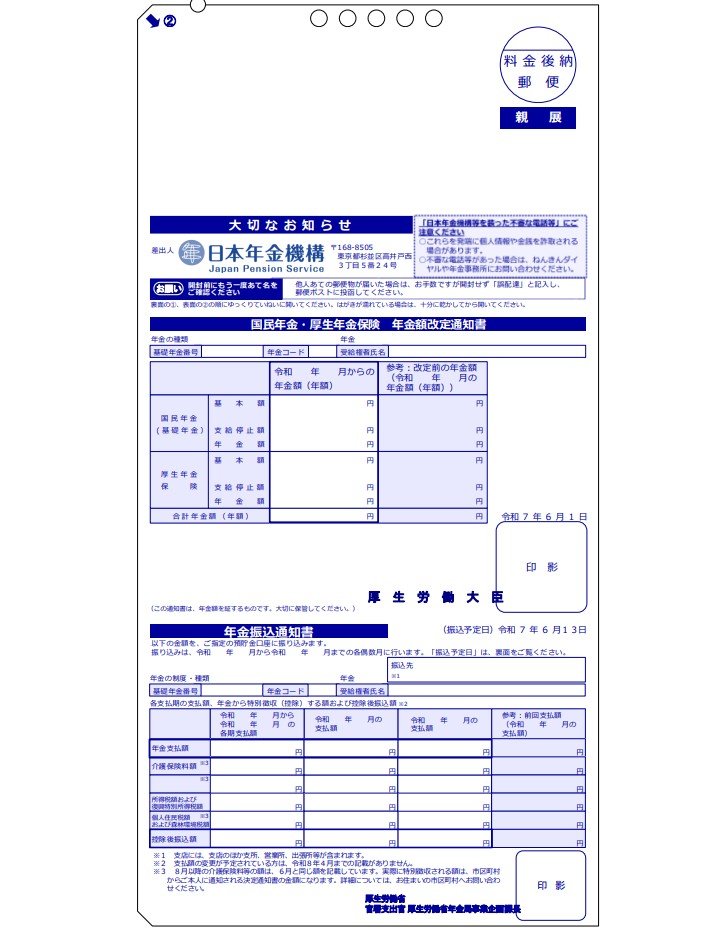 「年金額改定通知書」と「年金振込通知書」（年金受給者用：はがきサイズ）