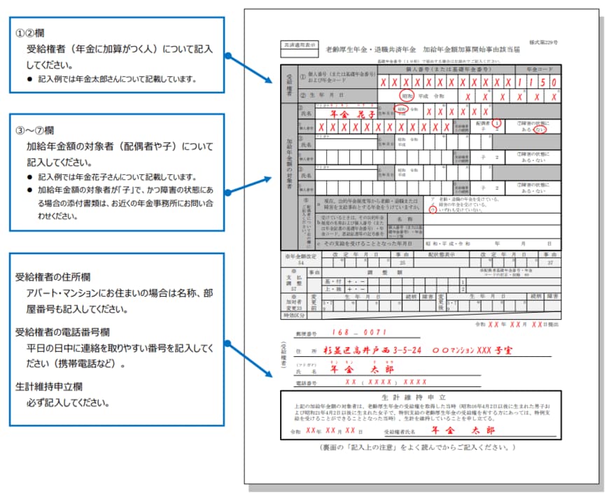 老齢厚生年金・退職共済年金 加給年金額加算開始事由該当届(記入例)