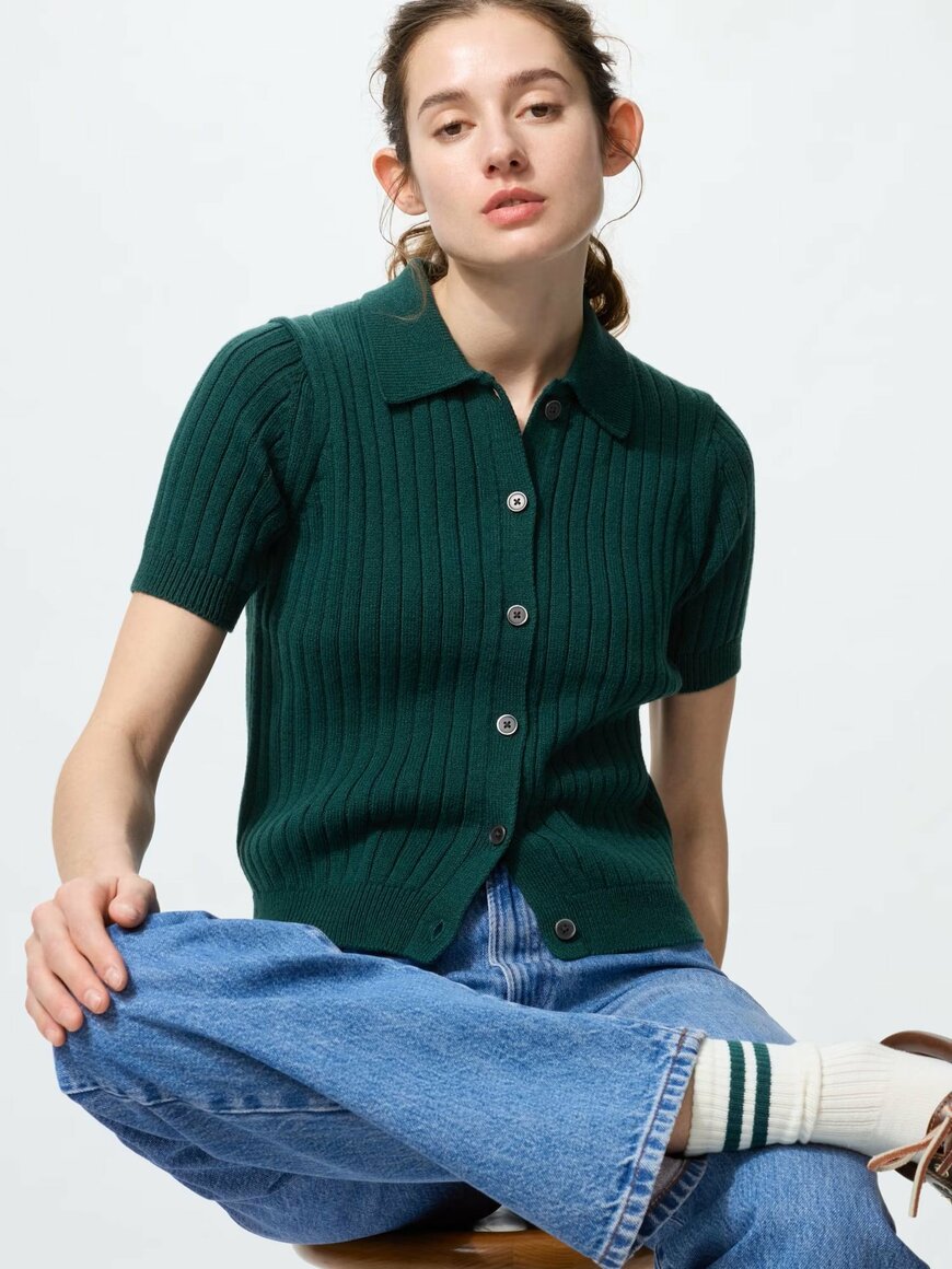 出所：ユニクロ公式　リブポロカーディガン／半袖