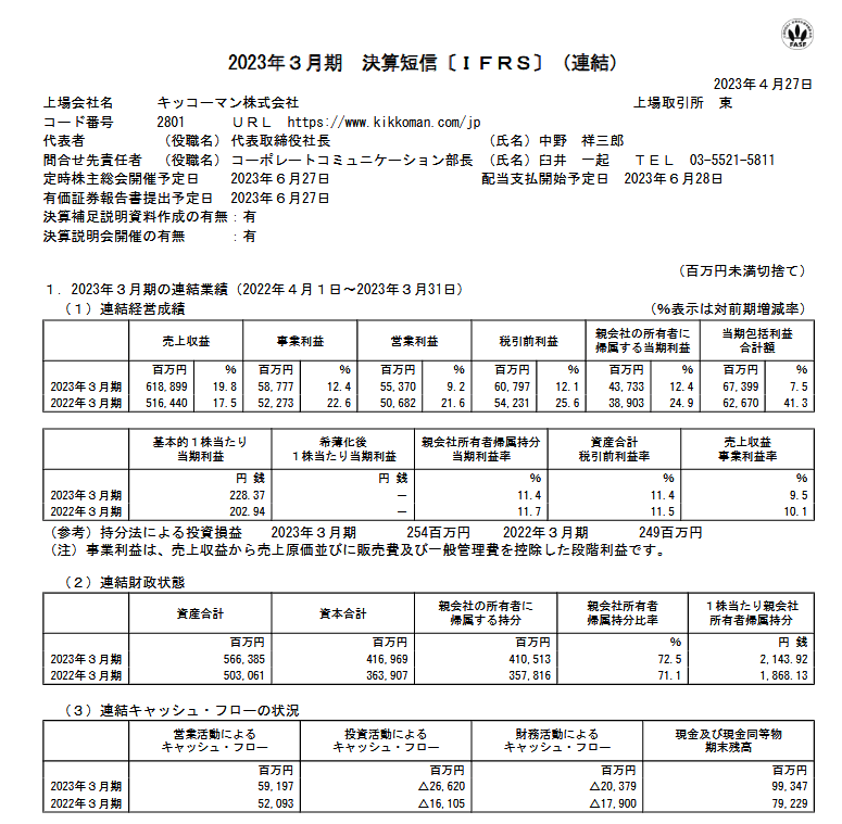 出所：キッコーマン株式会社「2023年３月期 決算短信〔ＩＦＲＳ〕（連結）」