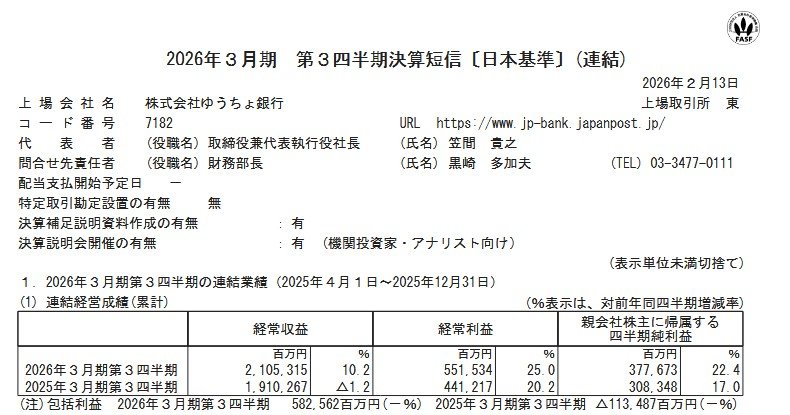 出所：株式会社ゆうちょ銀行「2026年3月期第3四半期決算短信〔日本基準〕(連結)」