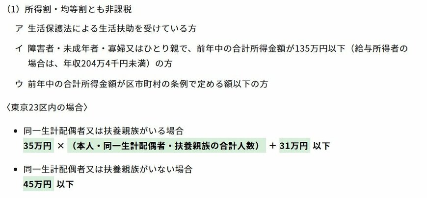 所得割と均等割のいずれも非課税になる世帯の要件