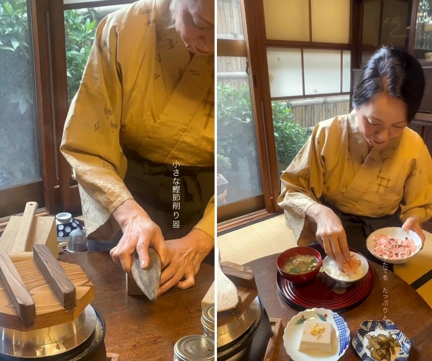 鰹節削り器で鰹節を削る様子と、ご飯にのせる様子