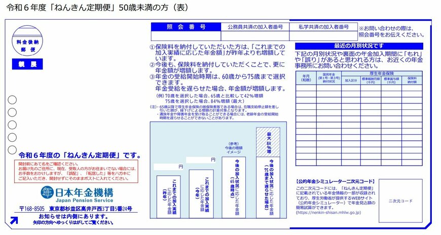 50歳未満の人に送られる「ねんきん定期便（表）」
