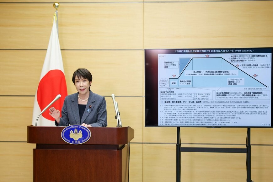 会見では「所得に連動したきめ細かな給付」の本格導入イメージも示されました