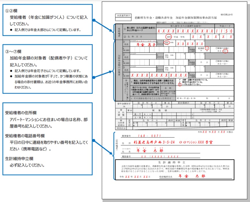 出所：日本年金機構「【記入例】老齢厚生年金・退職共済年金 加給年金額加算開始事由該当届」