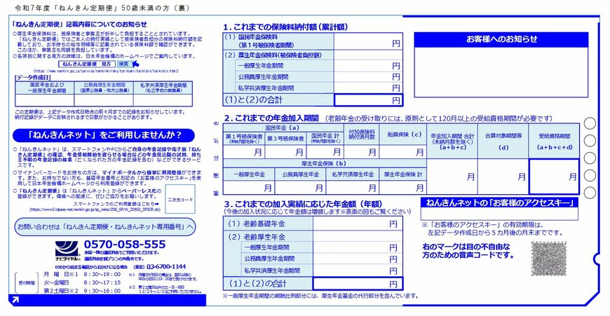 ねんきん定期便（裏）50歳未満の見本